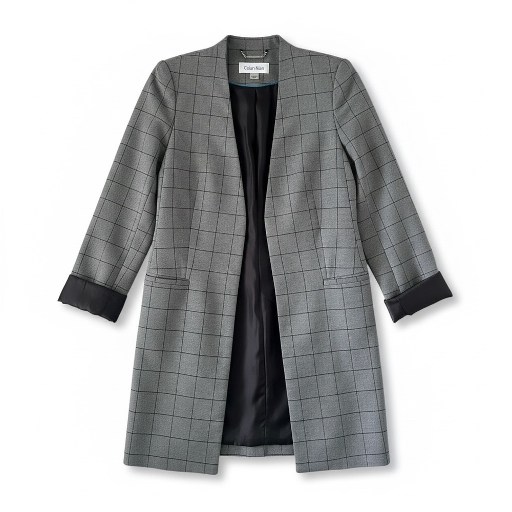 Calvin Klein Women's Black and Gray Checkered Blazer Size 4
